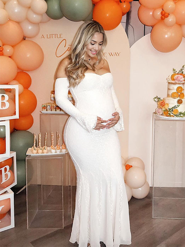 fotobeyou Lace Off Shoulder Mermaid Baby Shower Maternity Maxi Dress
