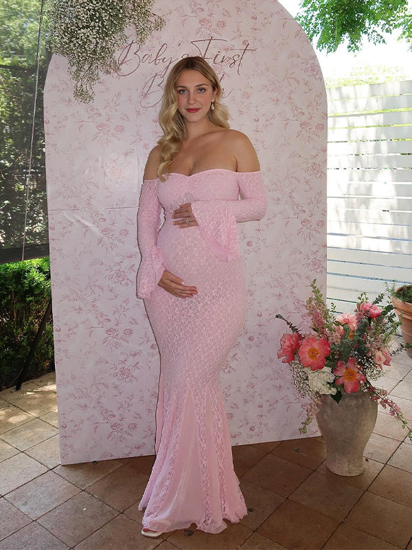 fotobeyou Lace Off Shoulder Mermaid Baby Shower Maternity Maxi Dress