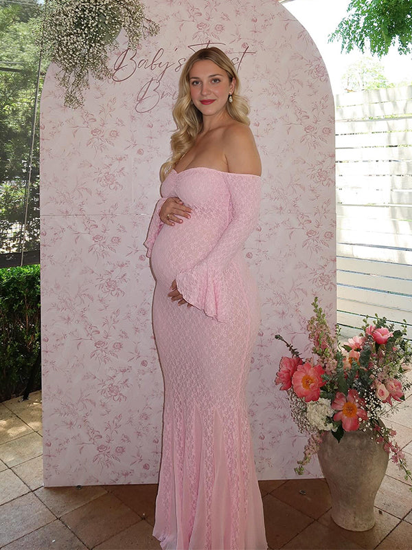 fotobeyou Lace Off Shoulder Mermaid Baby Shower Maternity Maxi Dress