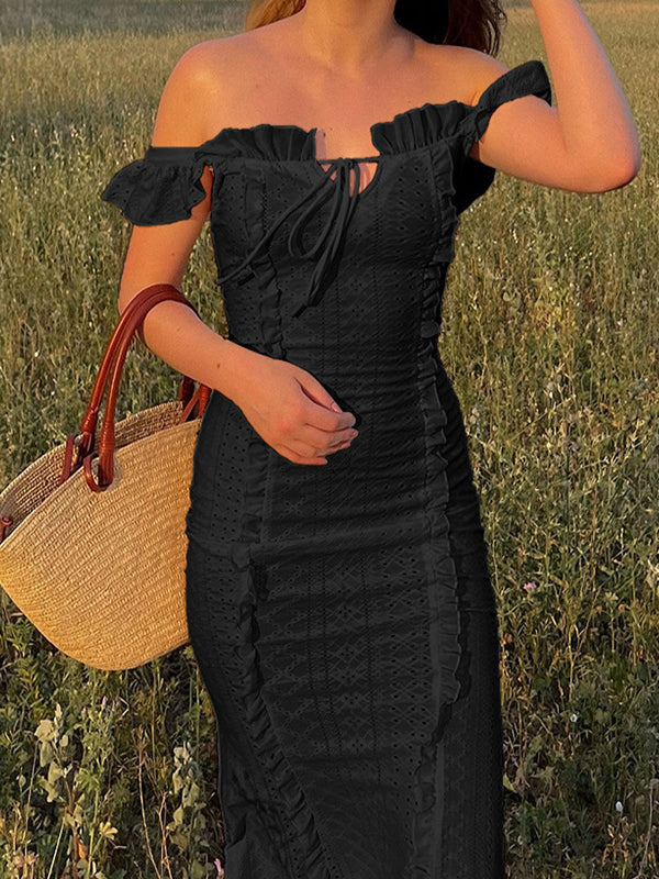 fotobeyou Beige Off Shoulder Lace-up Maternity Photoshoot Maxi Dress