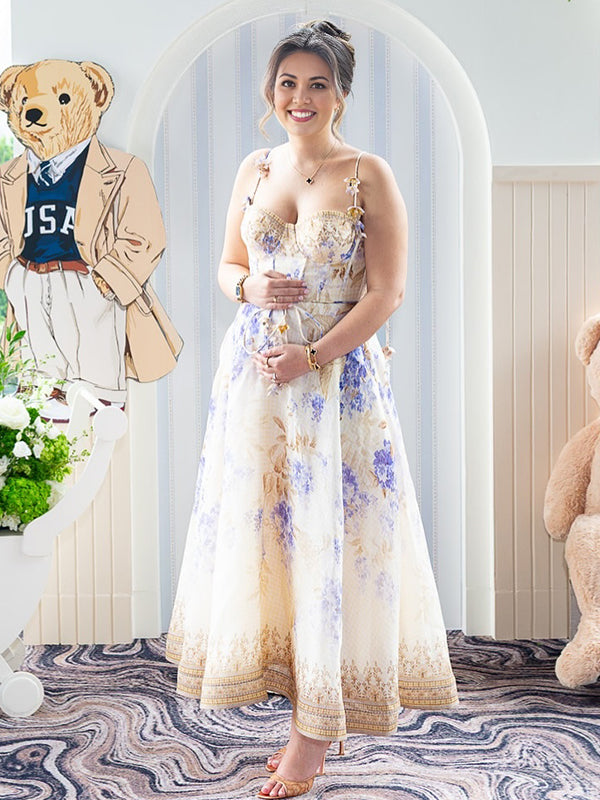 fotobeyou Violet Floral Boned Bodice Belt A-line Cami Maternity Maxi Dress