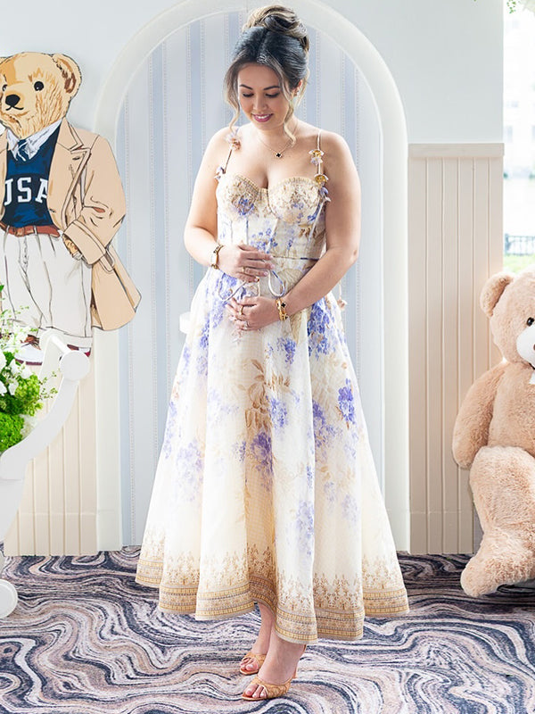 fotobeyou Violet Floral Boned Bodice Belt A-line Cami Maternity Maxi Dress