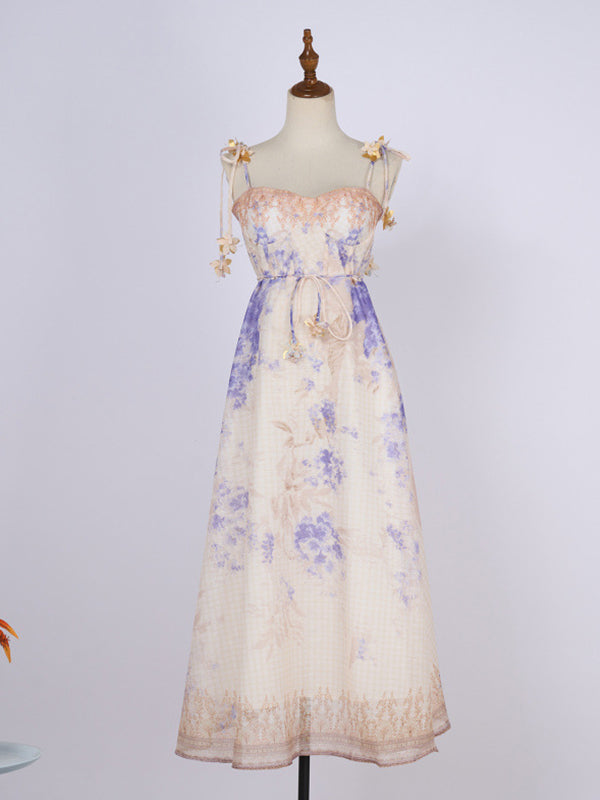 fotobeyou Violet Floral Boned Bodice Belt A-line Cami Maternity Maxi Dress