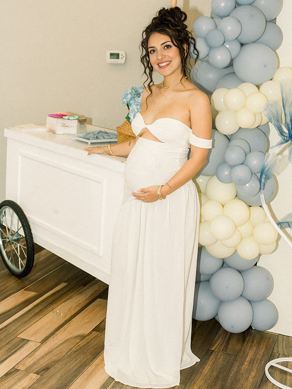 fotobeyou White Off Shoulder Cut Out Big Swing Maternity Maxi Dress