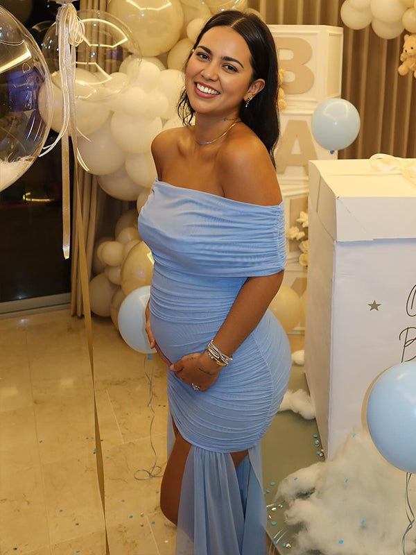 fotobeyou Blue Mesh Ruched Off Shoulder Side Slit Maternity Maxi Dress
