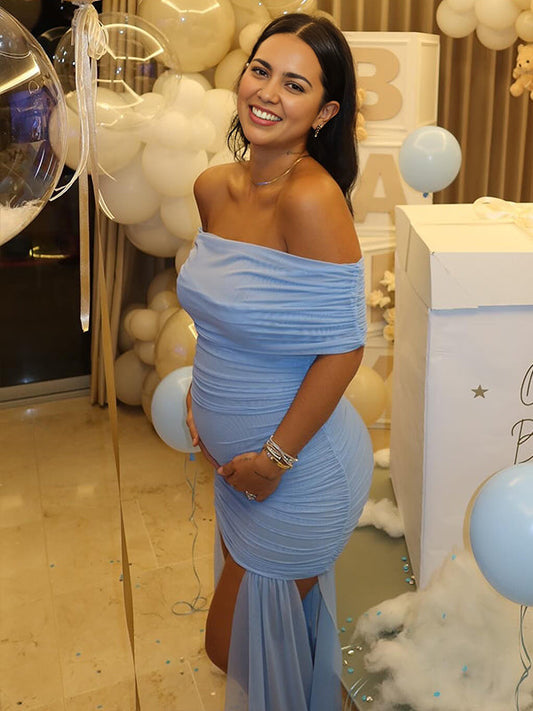 fotobeyou Blue Mesh Ruched Off Shoulder Side Slit Maternity Maxi Dress