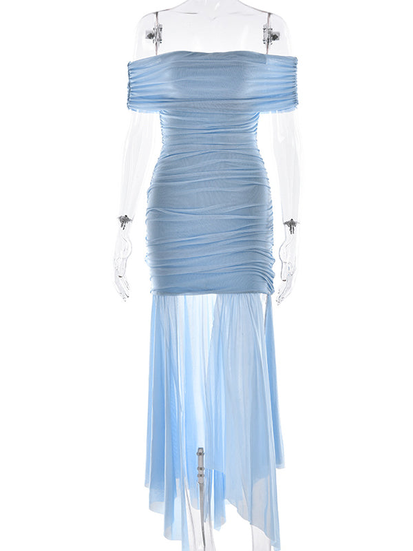fotobeyou Blue Mesh Ruched Off Shoulder Side Slit Maternity Maxi Dress