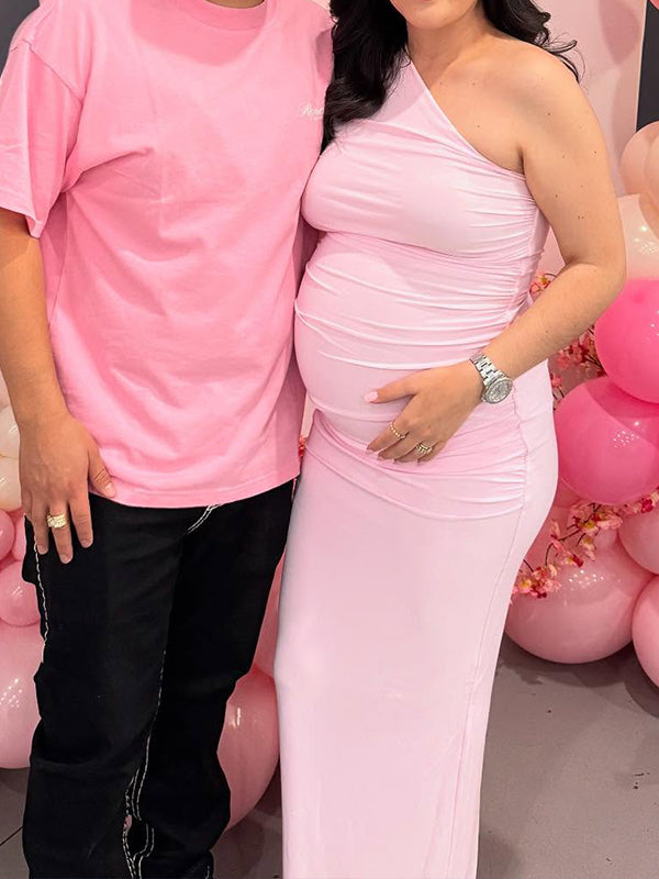 fotobeyou Ruched One Shoulder Bodycon Elegant Maternity Maxi Dress