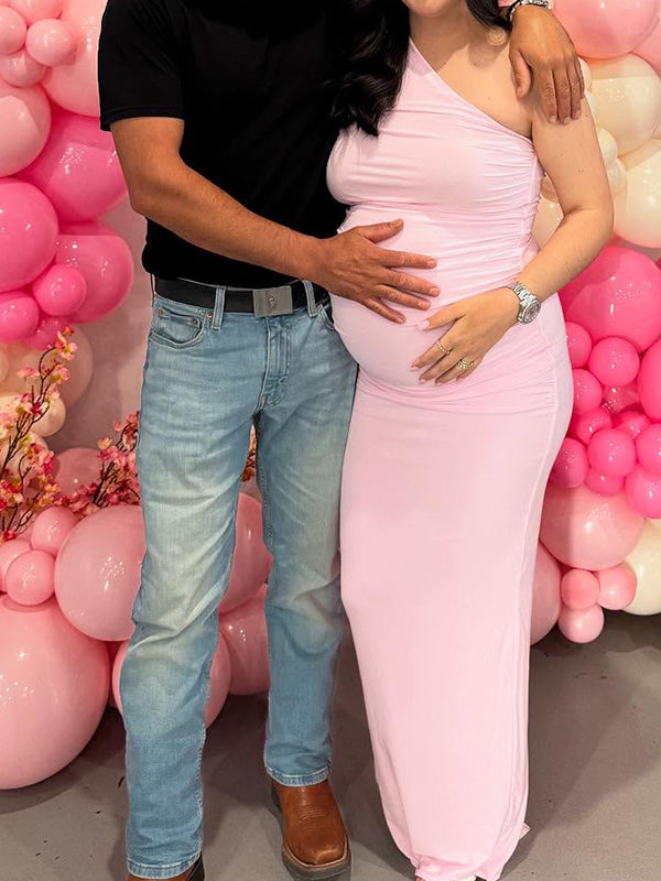 fotobeyou Ruched One Shoulder Bodycon Elegant Maternity Maxi Dress