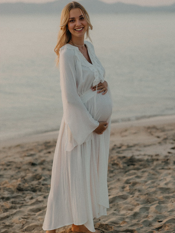 fotobeyou White Ruffle Big Swing Ruched Boho Maternity Maxi Dress