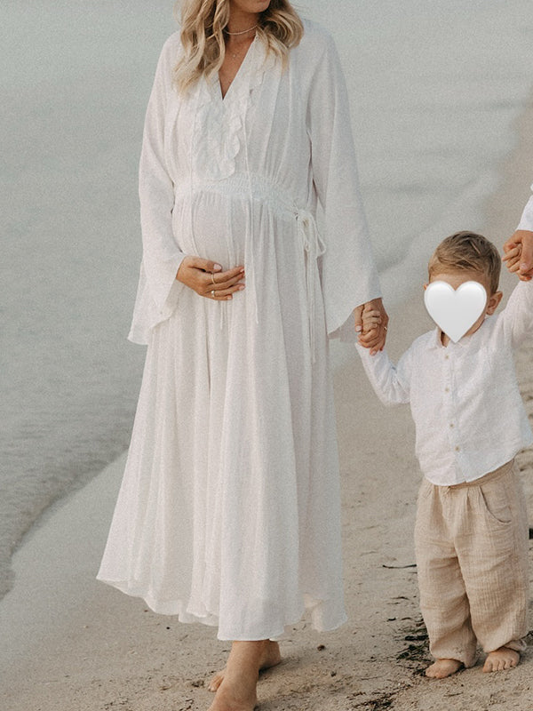 fotobeyou White Ruffle Big Swing Ruched Boho Maternity Maxi Dress