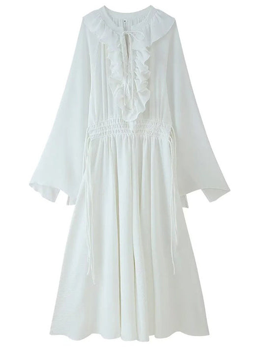 fotobeyou White Ruffle Big Swing Ruched Boho Maternity Maxi Dress