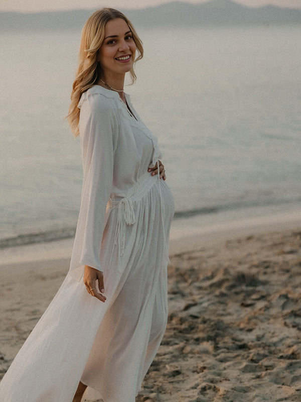 fotobeyou White Ruffle Big Swing Ruched Boho Maternity Maxi Dress
