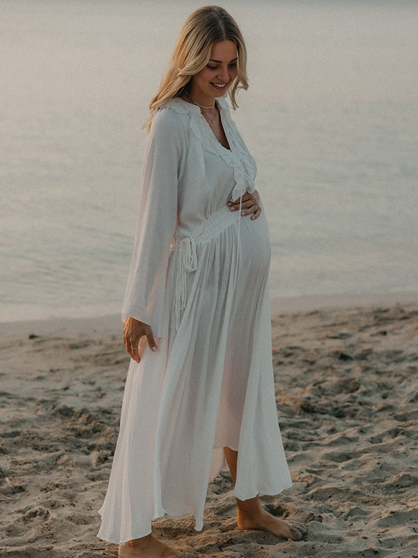 fotobeyou White Ruffle Big Swing Ruched Boho Maternity Maxi Dress