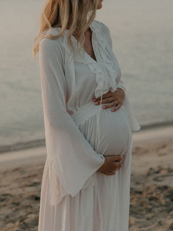 fotobeyou White Ruffle Big Swing Ruched Boho Maternity Maxi Dress