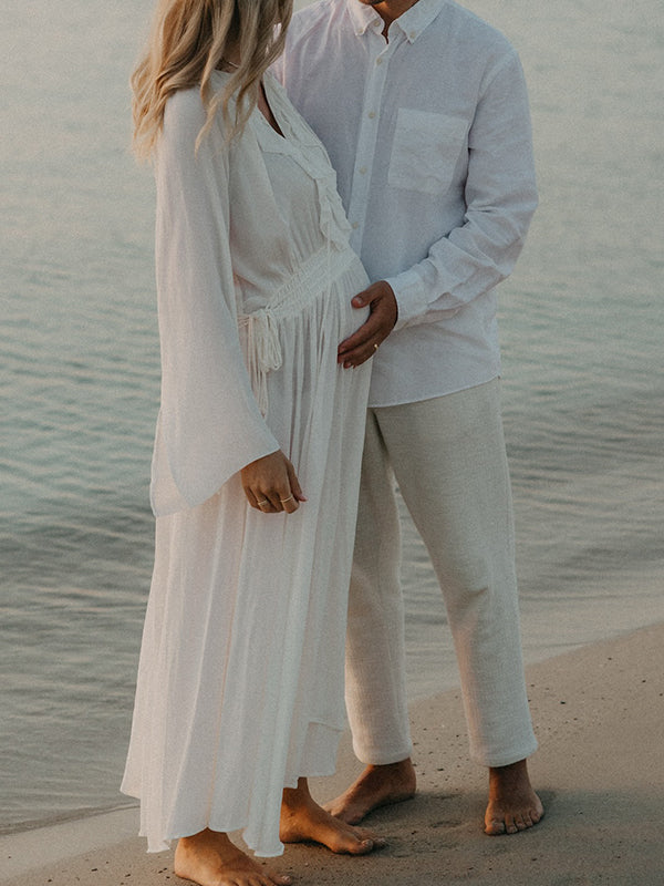 fotobeyou White Ruffle Big Swing Ruched Boho Maternity Maxi Dress