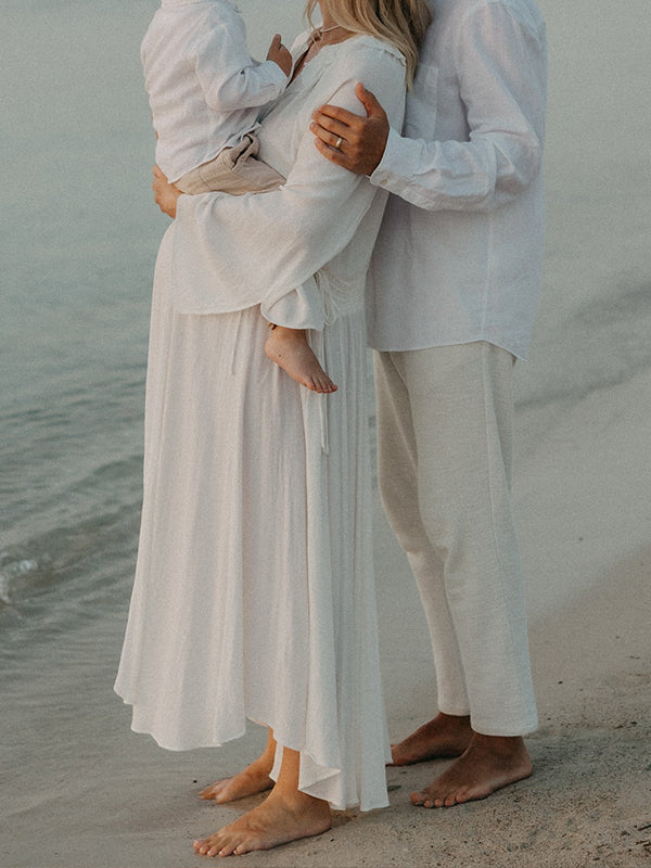 fotobeyou White Ruffle Big Swing Ruched Boho Maternity Maxi Dress