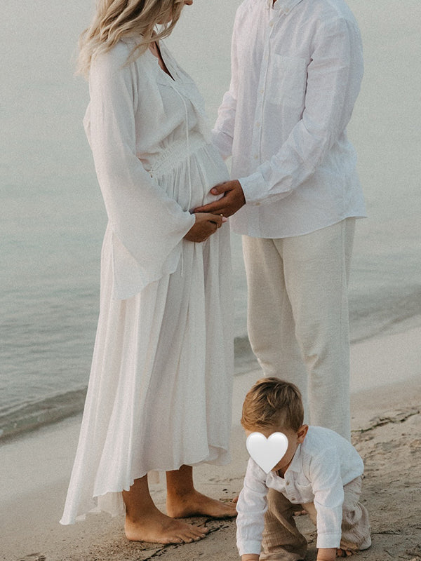 fotobeyou White Ruffle Big Swing Ruched Boho Maternity Maxi Dress