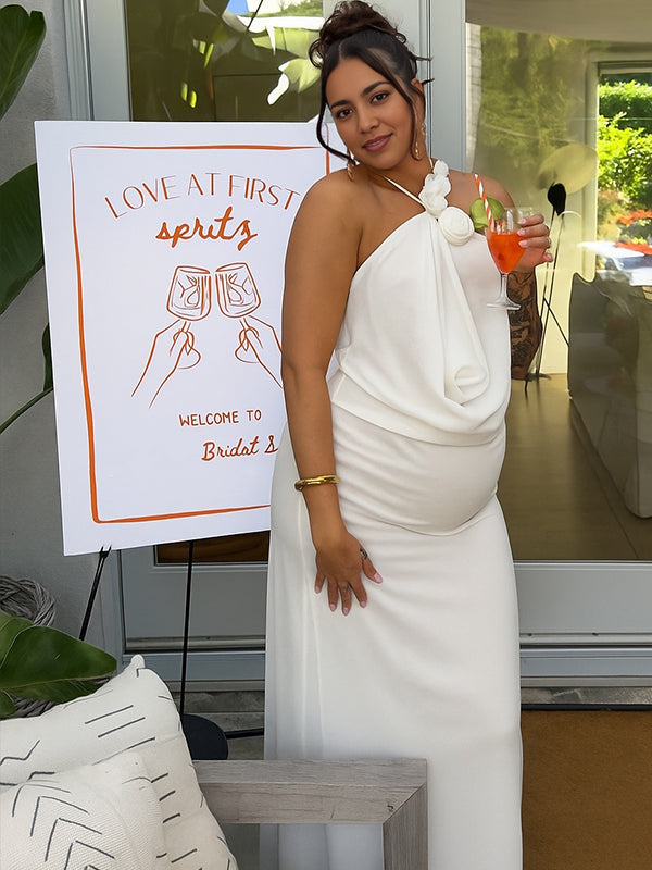 fotobeyou White 3D Flowers Cami Backless Halter Neck Elegant Maternity Maxi Dress