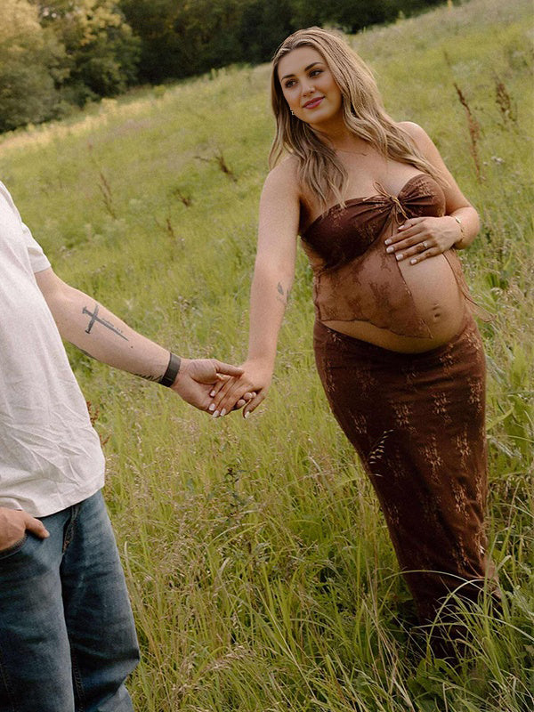 fotobeyou Brown 2 Pieces Set Lace Bow Photoshoot Maternity Maxi Dress