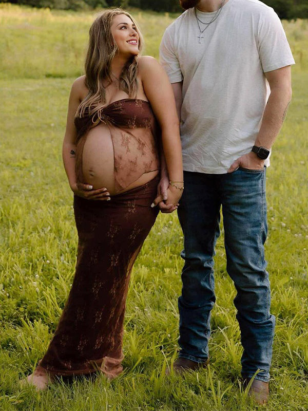 fotobeyou Brown 2 Pieces Set Lace Bow Photoshoot Maternity Maxi Dress