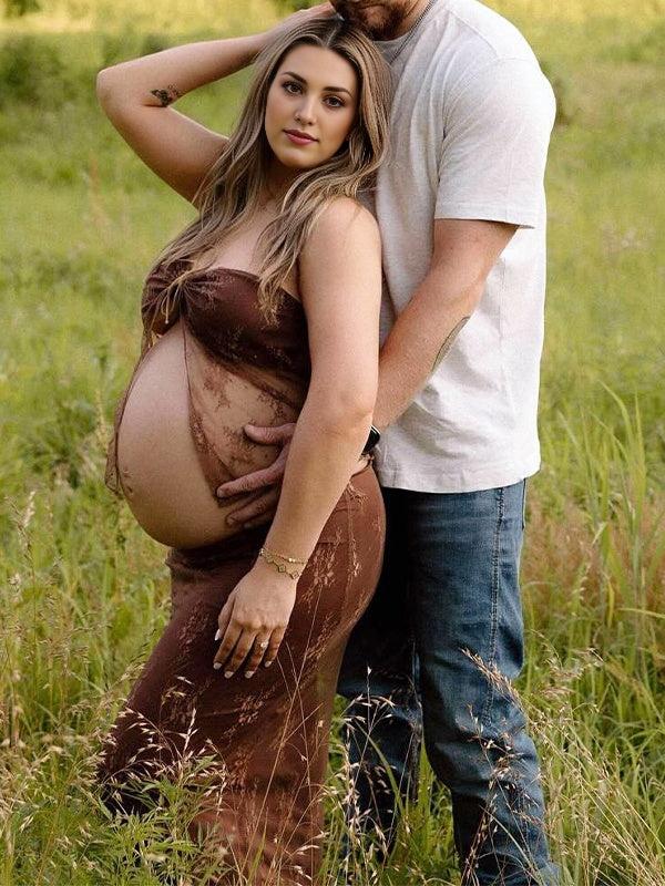 fotobeyou Brown 2 Pieces Set Lace Bow Photoshoot Maternity Maxi Dress