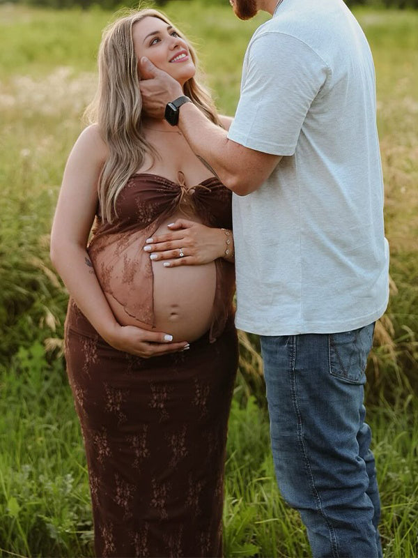 fotobeyou Brown 2 Pieces Set Lace Bow Photoshoot Maternity Maxi Dress