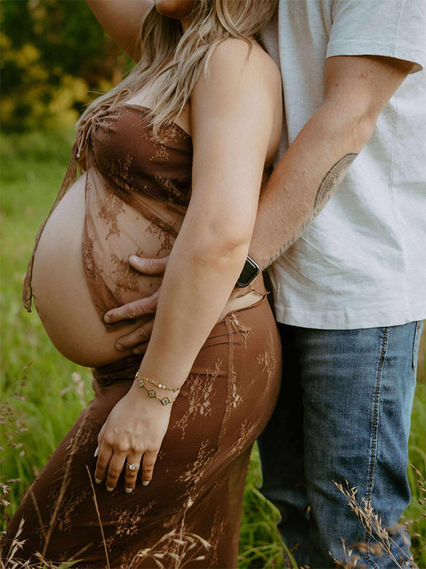 fotobeyou Brown 2 Pieces Set Lace Bow Photoshoot Maternity Maxi Dress