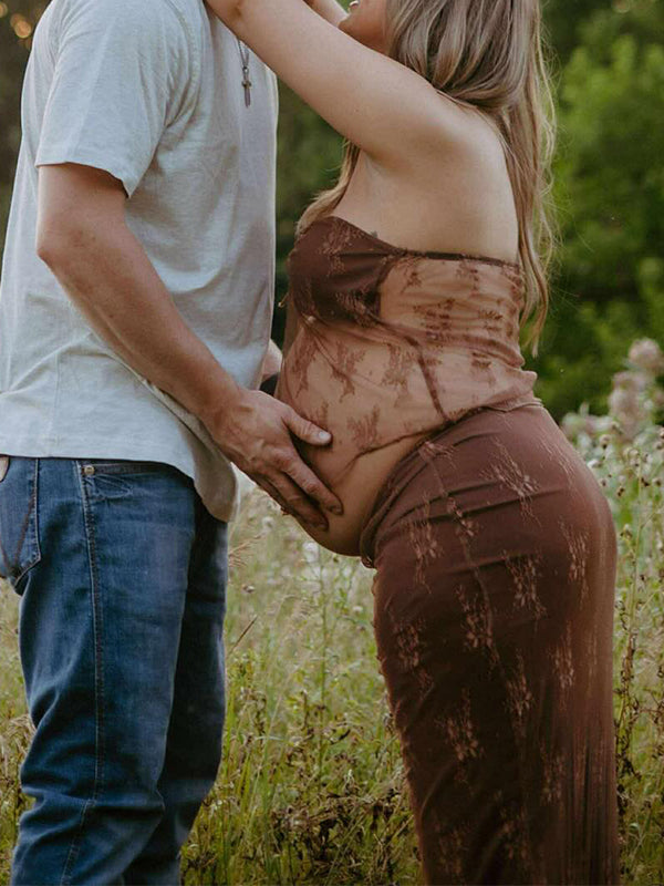 fotobeyou Brown 2 Pieces Set Lace Bow Photoshoot Maternity Maxi Dress