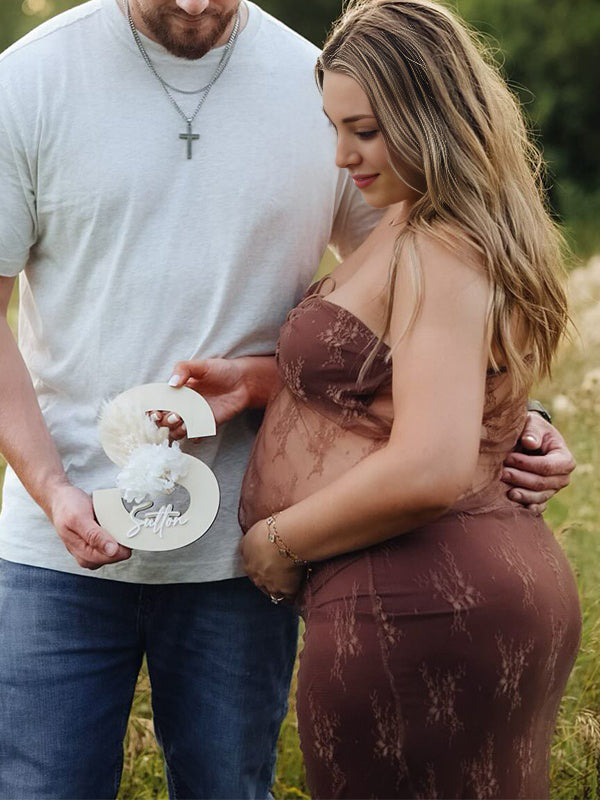 fotobeyou Brown 2 Pieces Set Lace Bow Photoshoot Maternity Maxi Dress