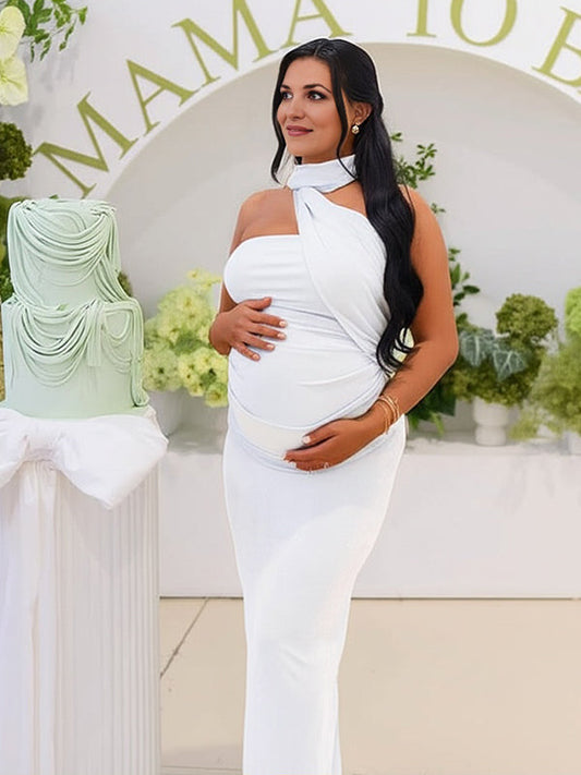 fotobeyou Ruched One Shoulder Draped Back Slit Elegant Maternity Maxi Dress