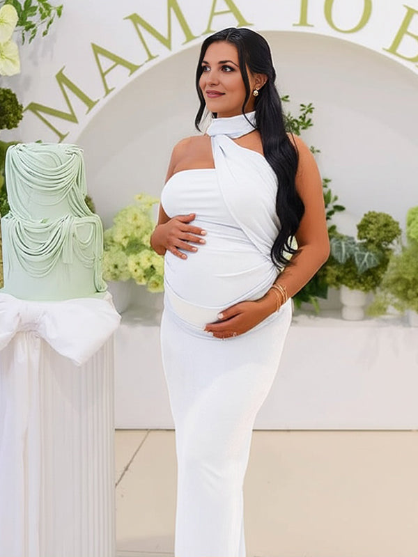 fotobeyou Ruched One Shoulder Draped Back Slit Elegant Maternity Maxi Dress