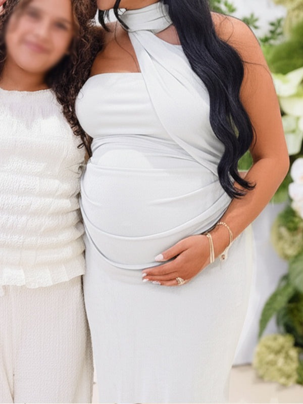 fotobeyou Ruched One Shoulder Draped Back Slit Elegant Maternity Maxi Dress