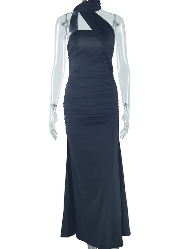 fotobeyou Ruched One Shoulder Draped Back Slit Elegant Maternity Maxi Dress