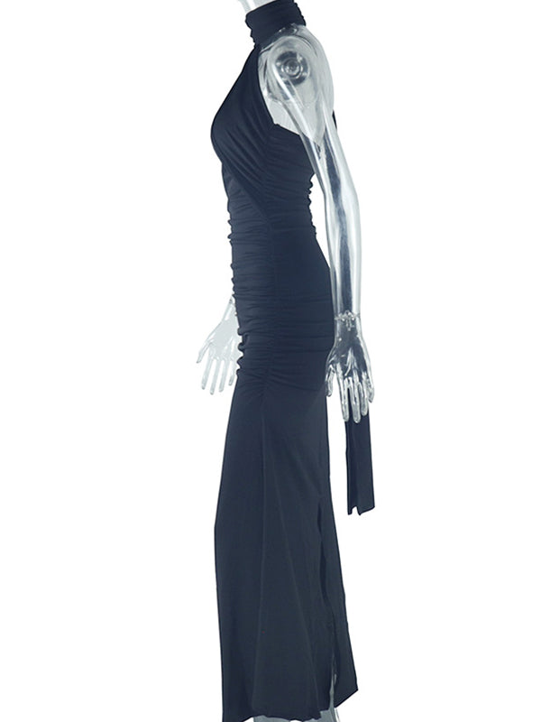 fotobeyou Ruched One Shoulder Draped Back Slit Elegant Maternity Maxi Dress