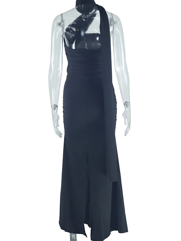 fotobeyou Ruched One Shoulder Draped Back Slit Elegant Maternity Maxi Dress