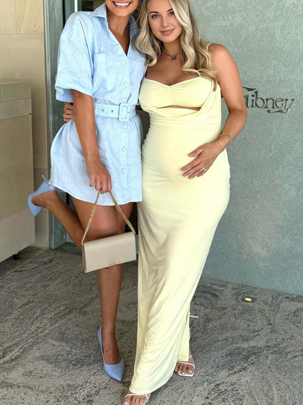 fotobeyou Buff Halter Neck Ruched Maternity Baby Shower Maxi Dress