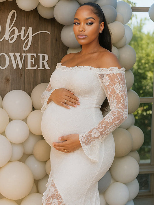 fotobeyou Lace Ruffle Off Shoulder Side Slit Elegant Maternity Maxi Dress