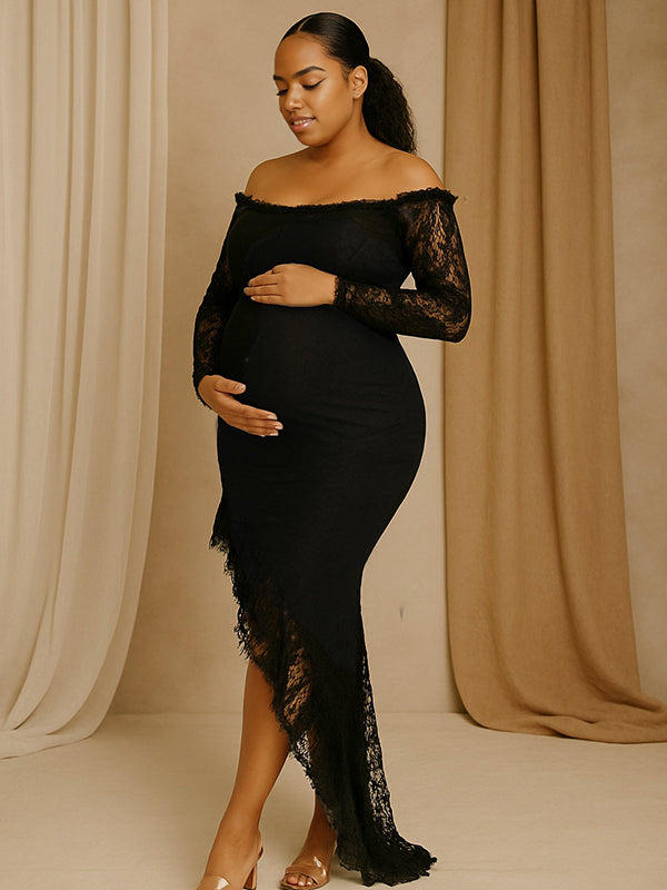 fotobeyou Lace Ruffle Off Shoulder Side Slit Elegant Maternity Maxi Dress
