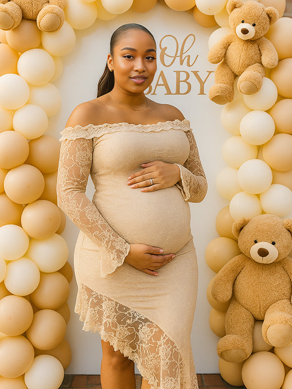 fotobeyou Lace Ruffle Off Shoulder Side Slit Elegant Maternity Maxi Dress