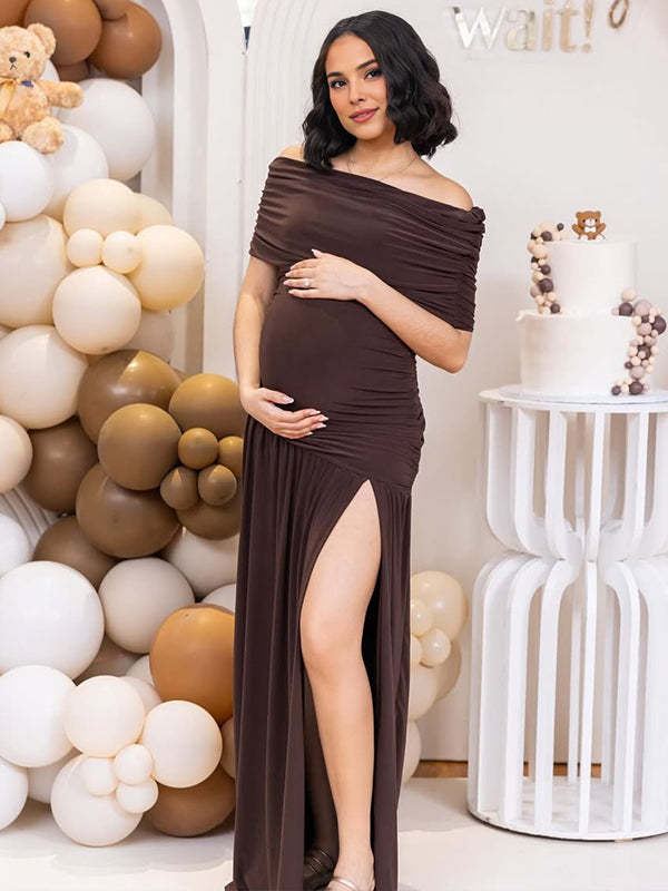 fotobeyou Brown Ruched Off Shoulder Side Slit Elegant Maternity Maxi Dress