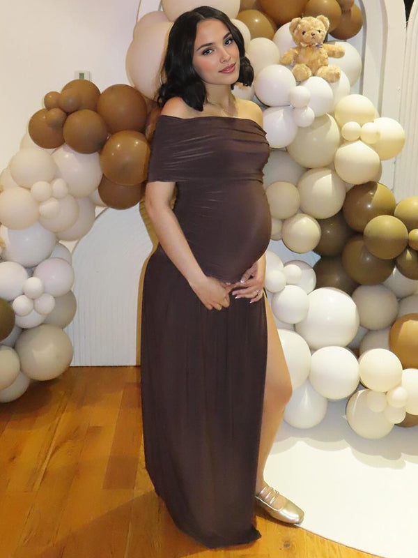 fotobeyou Brown Ruched Off Shoulder Side Slit Elegant Maternity Maxi Dress