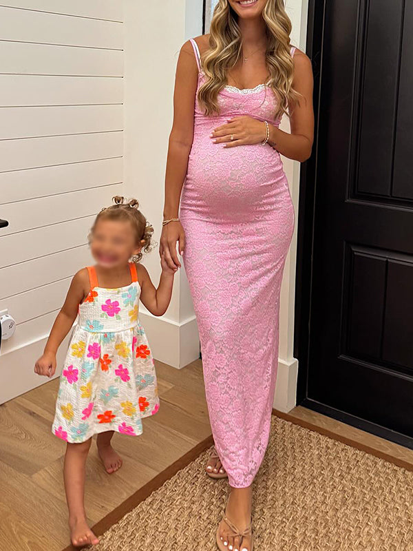 fotobeyou Pink Hit Color Lace Cami Elegant Maternity Maxi Dress