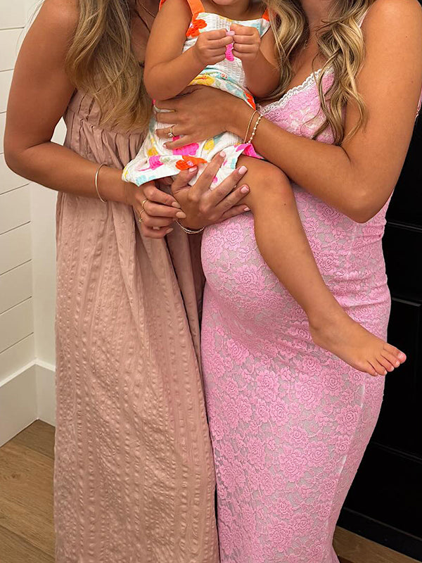 fotobeyou Pink Hit Color Lace Cami Elegant Maternity Maxi Dress