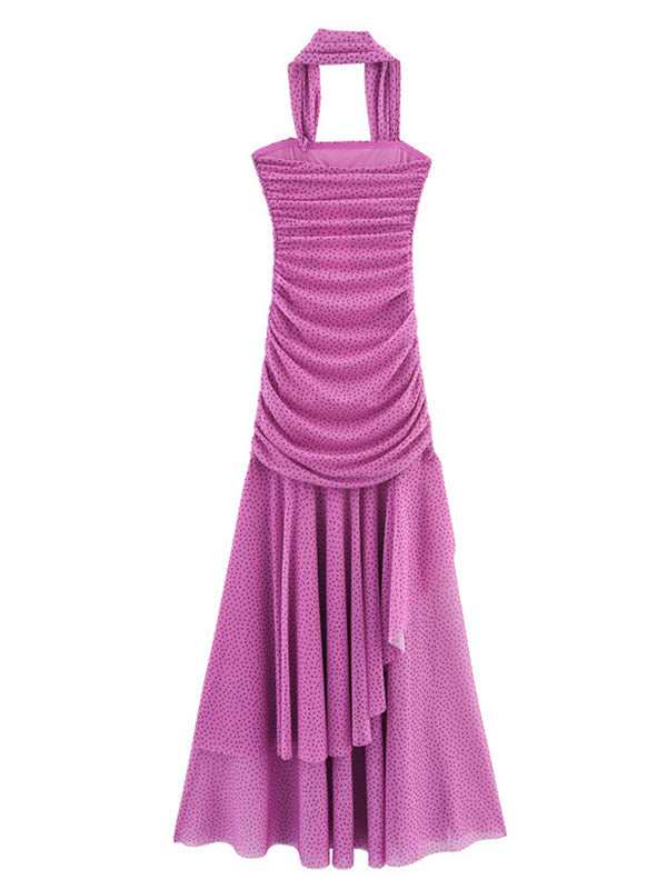 fotobeyou Pink Polka Dot Ruched Ruffle Bandeau Scarf Maternity Maxi Dress