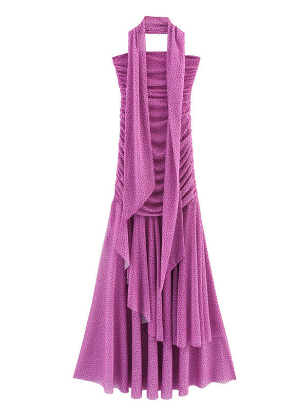 fotobeyou Pink Polka Dot Ruched Ruffle Bandeau Scarf Maternity Maxi Dress
