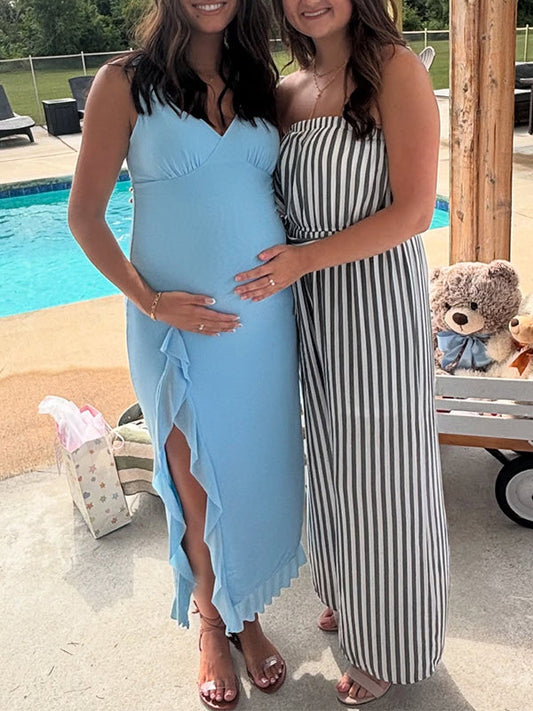 fotobeyou Blue Ruffle Side Slit Baby Boy Shower Maternity Maxi Dress