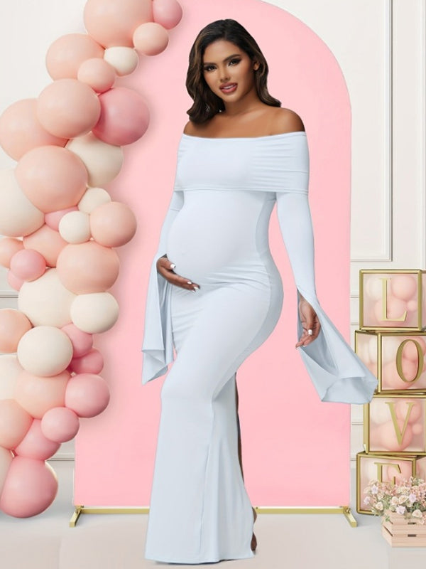 fotobeyou Off Shoulder Flutter Sleeve Maternity Baby Shower Maxi Dress