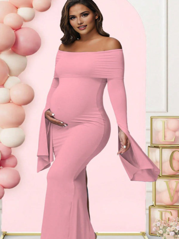 fotobeyou Off Shoulder Flutter Sleeve Maternity Baby Shower Maxi Dress