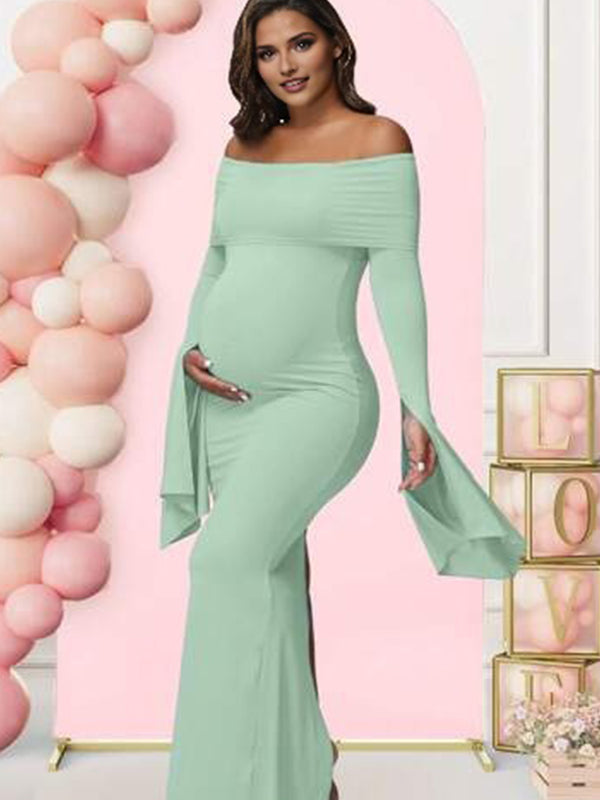 fotobeyou Off Shoulder Flutter Sleeve Maternity Baby Shower Maxi Dress